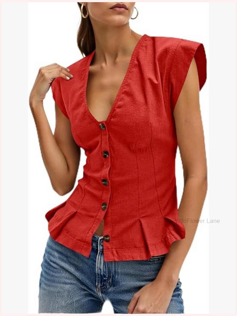 Deep V Neck Vest Top Cap Sleeve Ruffle Button Up Cropped Fitted Blouse Cotton